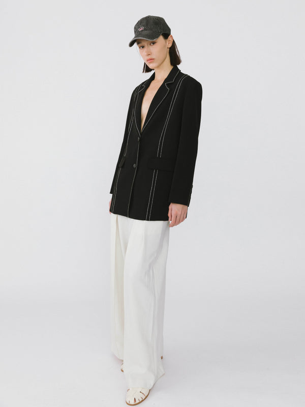 Cubic Single Breasted Contrast Topstitch Long Blazer Black