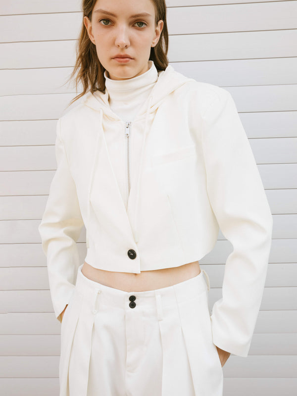 Cubic Single Breasted Cropped Blazer With Attached Hoodie Black