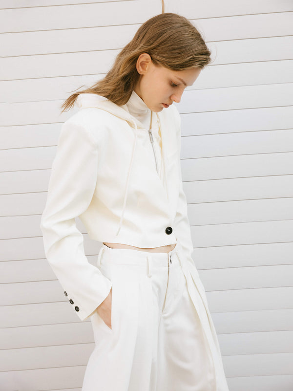 Cubic Single Breasted Cropped Blazer With Attached Hoodie Black