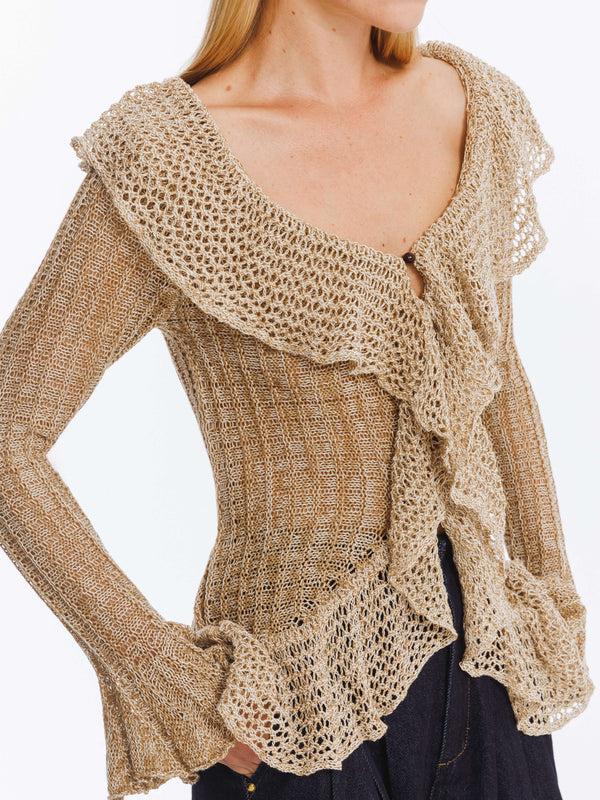 Cubic Special Yarn Hollowed Long Sleeves Knit Top Gray