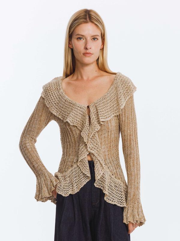 cubic Special Yarn Hollowed Long Sleeves Knit Top Gray