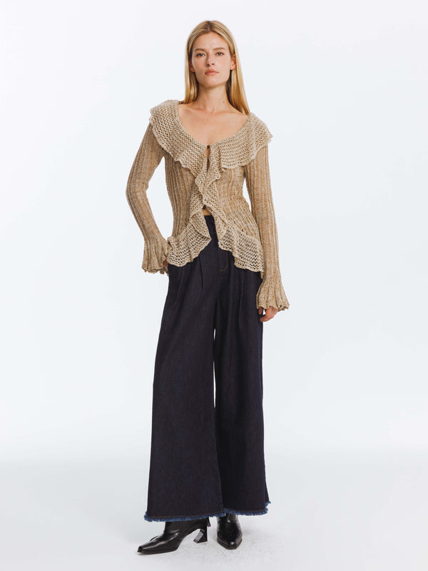 Cubic Special Yarn Hollowed Long Sleeves Knit Top Gray