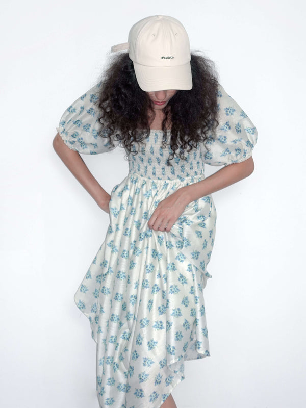 Cubic Square Neck Puff Sleeve A-Line Floral Dress Blue