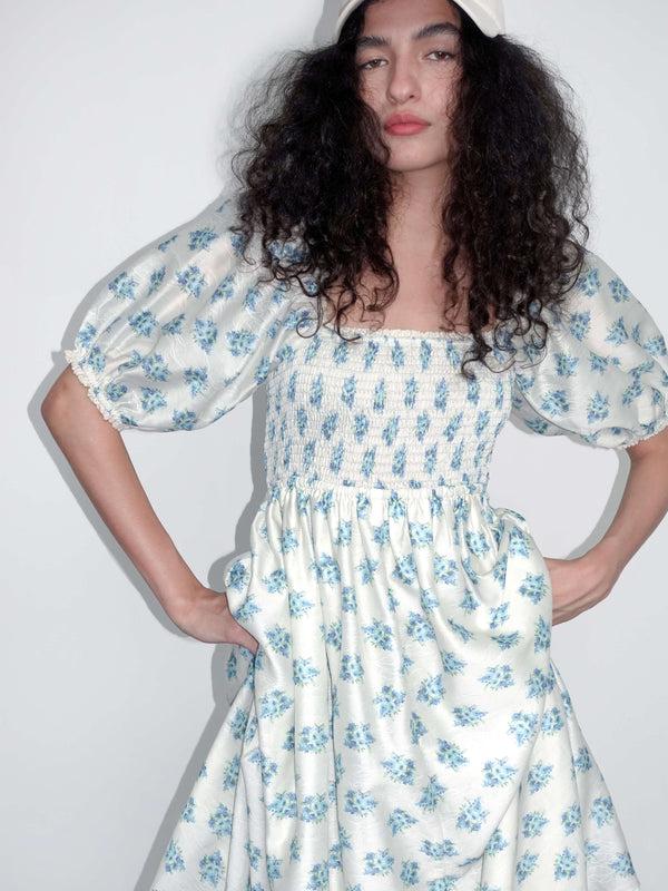 Cubic Square Neck Puff Sleeve A-Line Floral Dress Blue