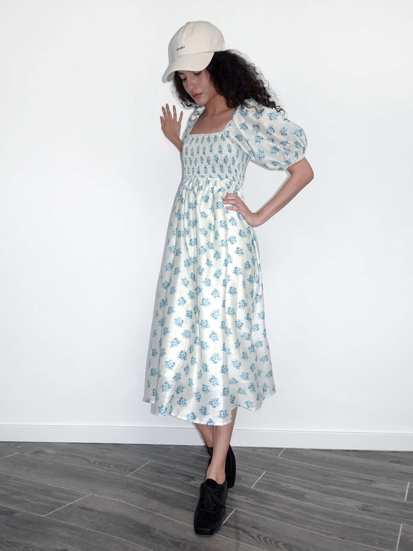 Cubic Square Neck Puff Sleeve A-Line Floral Dress Blue