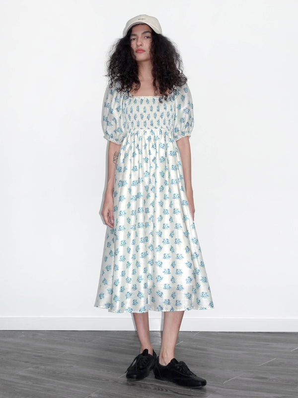 cubic Square Neck Puff Sleeve A-Line Floral Dress Blue