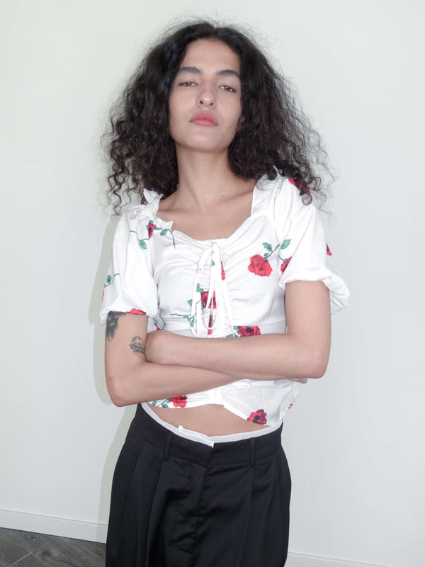 Cubic Square Neck Puff Sleeve Flower Print T-shirt Black