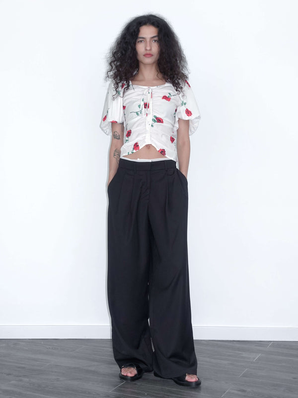 Cubic Square Neck Puff Sleeve Flower Print T-shirt Black