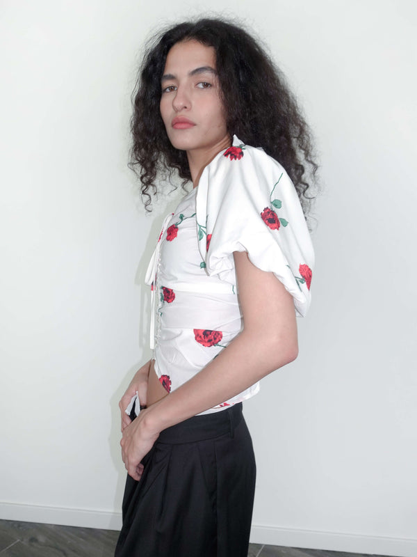 Cubic Square Neck Puff Sleeve Flower Print T-shirt Black