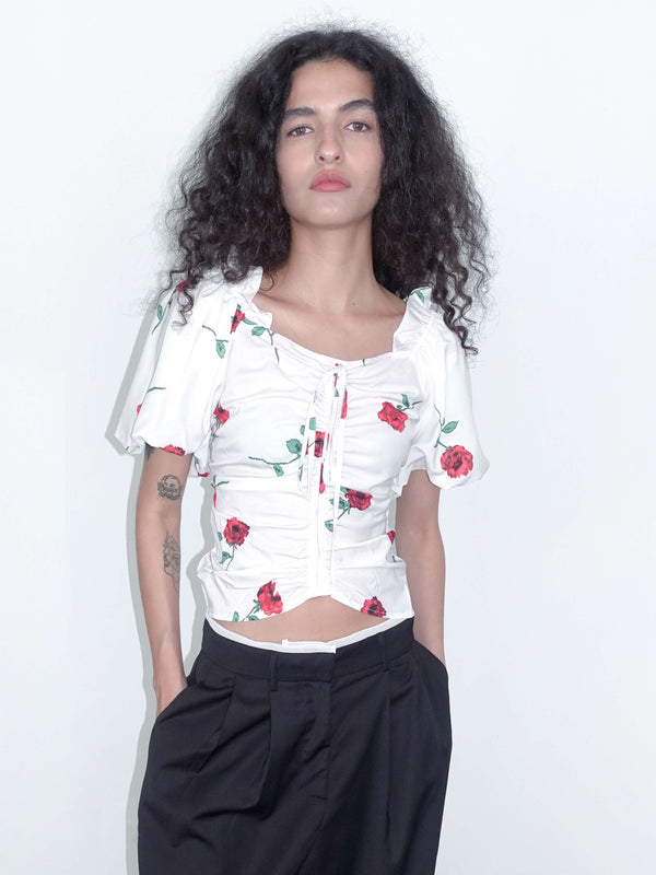 cubic Square Neck Puff Sleeve Flower Print T-shirt Black