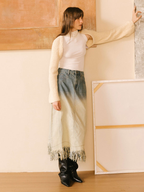 Cubic Stone Washed Demin Skirt With Frayed Hem SteelBlue