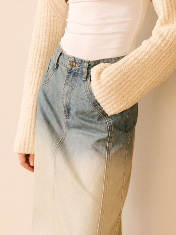 Cubic Stone Washed Demin Skirt With Frayed Hem SteelBlue