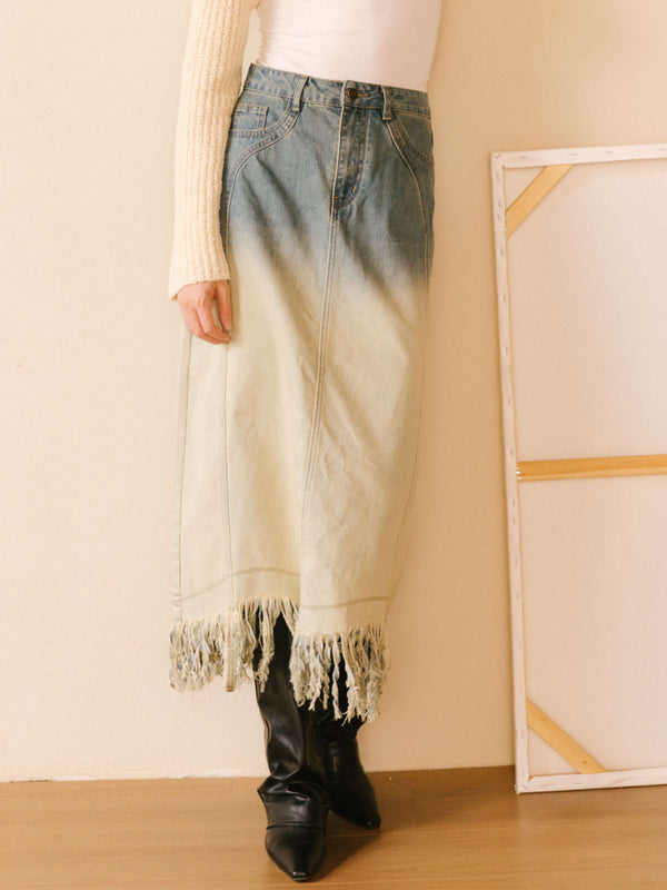 cubic Stone Washed Demin Skirt with Frayed Hem SteelBlue