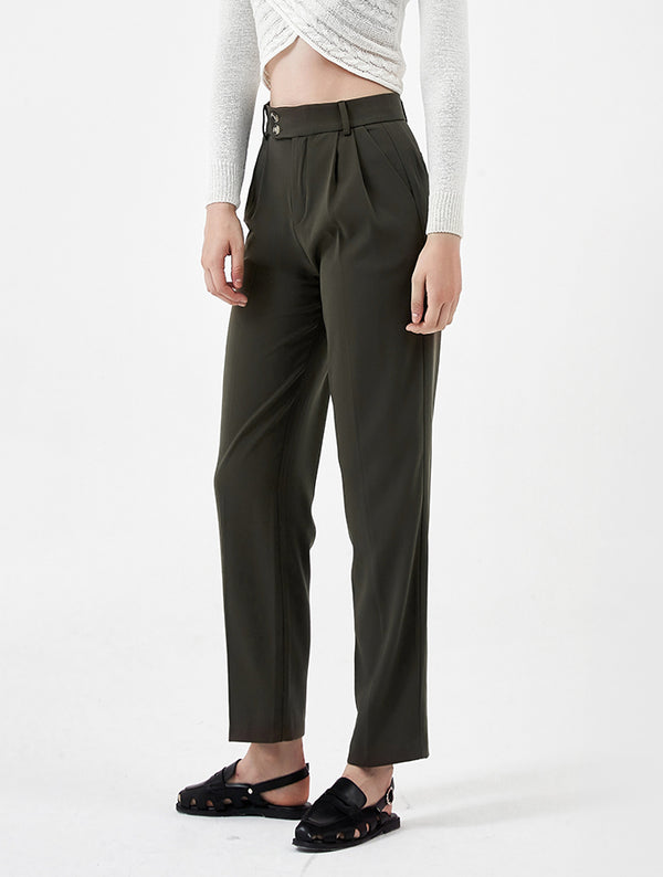 cubic Straight Casual Tailored Trousers DarkOliveGreen