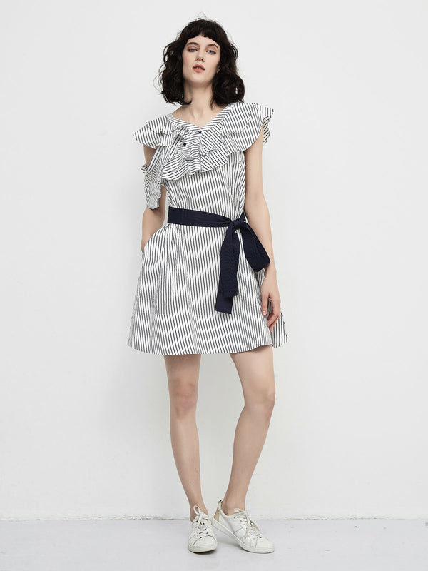 Cubic Striped Asymmetric Shoulder Belted Dress Navy