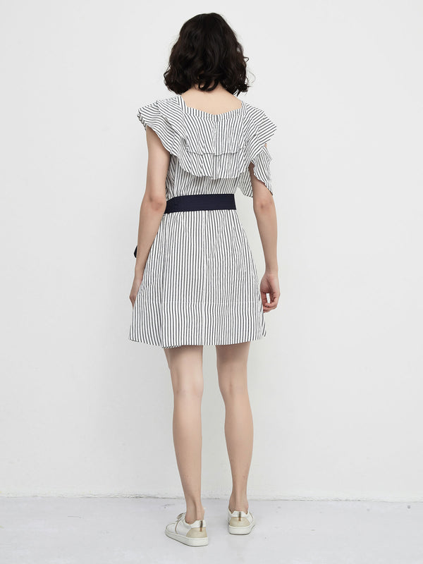 Cubic Striped Asymmetric Shoulder Belted Dress Navy