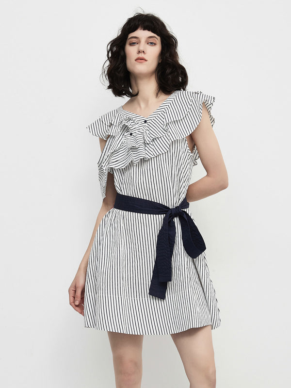 cubic Striped Asymmetric Shoulder Belted Dress Navy