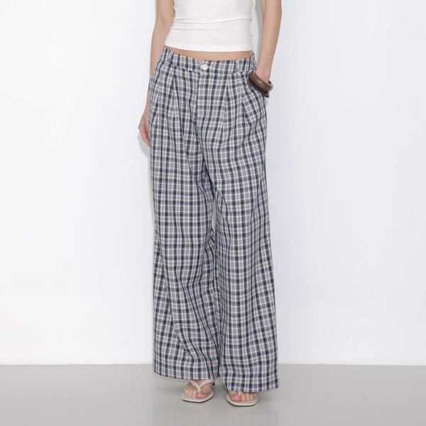 Cubic Striped Check High-Waisted Wide-Leg Casual Pants Blue