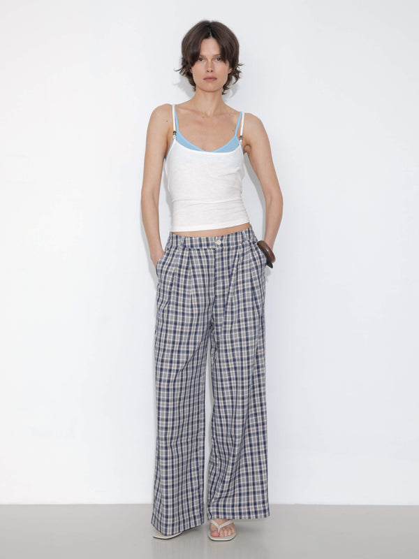 Cubic Striped Check High-Waisted Wide-Leg Casual Pants Blue