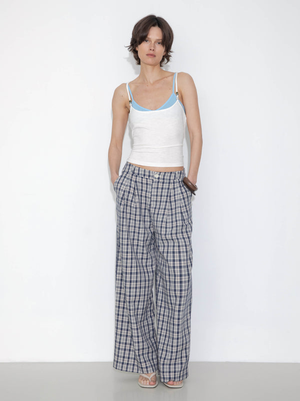 cubic Striped Check High-Waisted Wide-Leg Casual Pants Blue