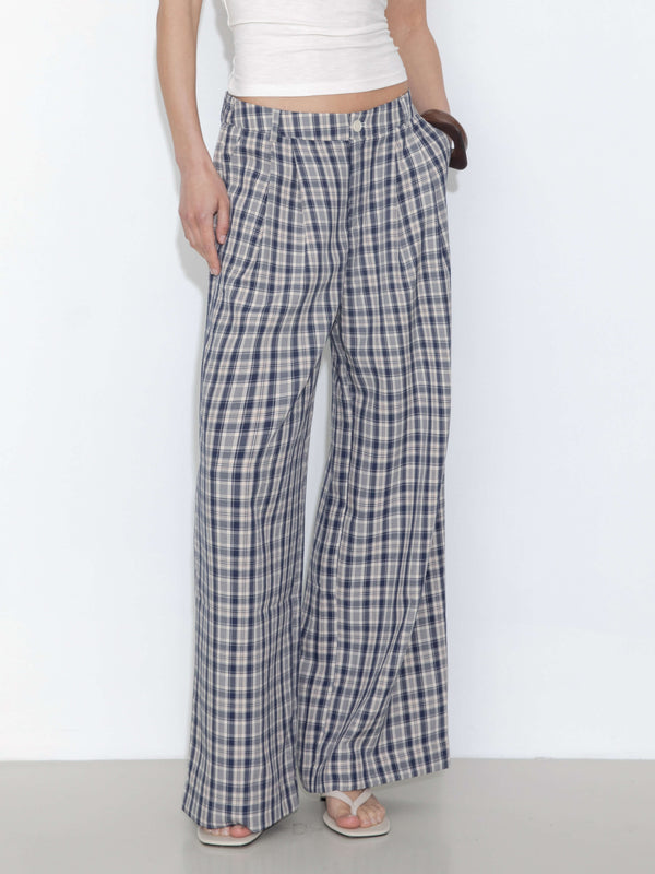 Cubic Striped Check High-Waisted Wide-Leg Casual Pants Blue