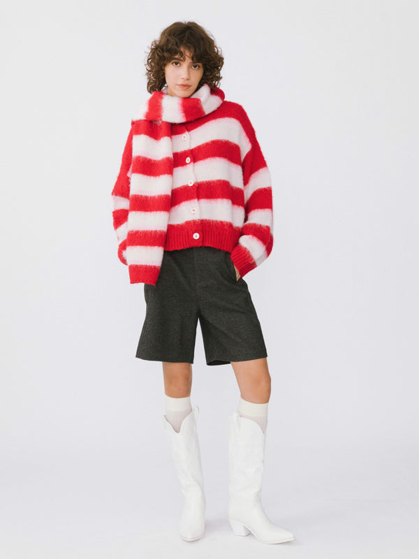 Cubic Striped Color Block Wool Knit Cardigan With Scarf Red