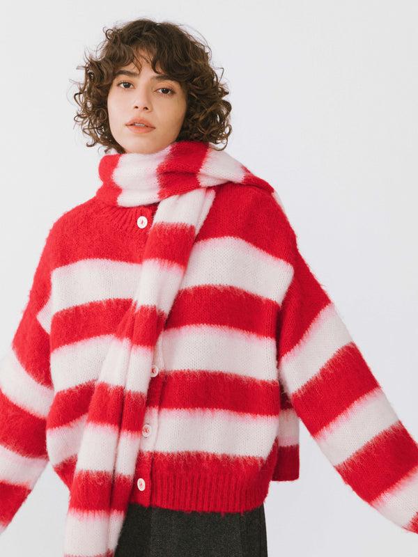 Cubic Striped Color Block Wool Knit Cardigan With Scarf Red