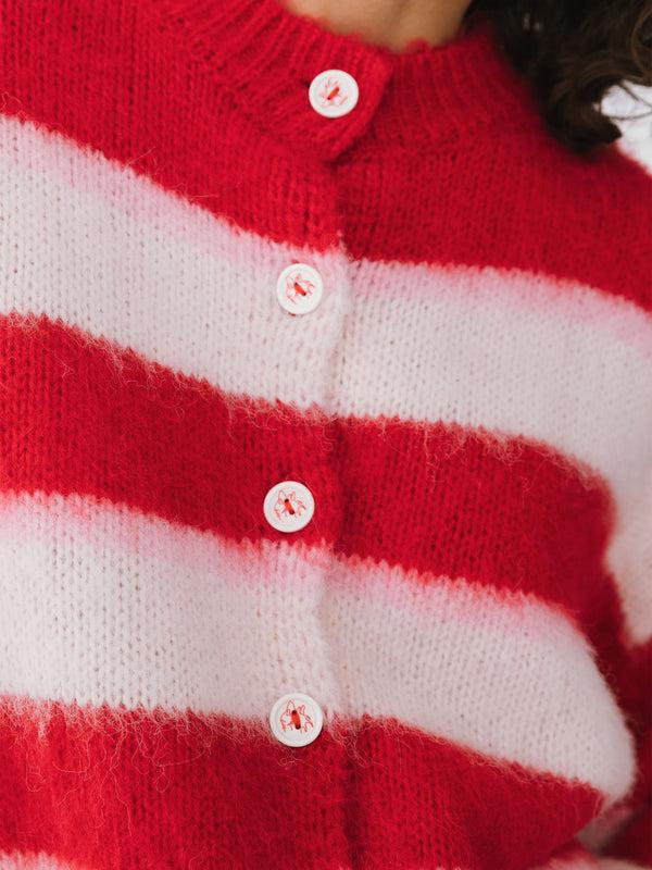 Cubic Striped Color Block Wool Knit Cardigan With Scarf Red
