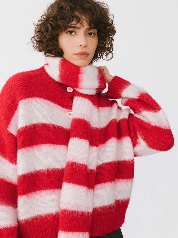 cubic Striped Color Block Wool Knit Cardigan With Scarf Red