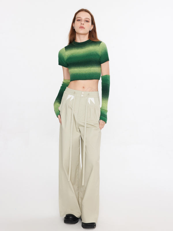 Cubic Striped Cropped Knit T-Shirt With Sleeves Green