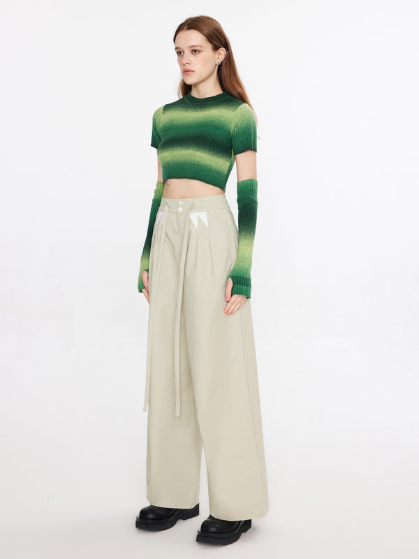Cubic Striped Cropped Knit T-Shirt With Sleeves Green