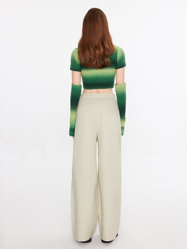 Cubic Striped Cropped Knit T-Shirt With Sleeves Green