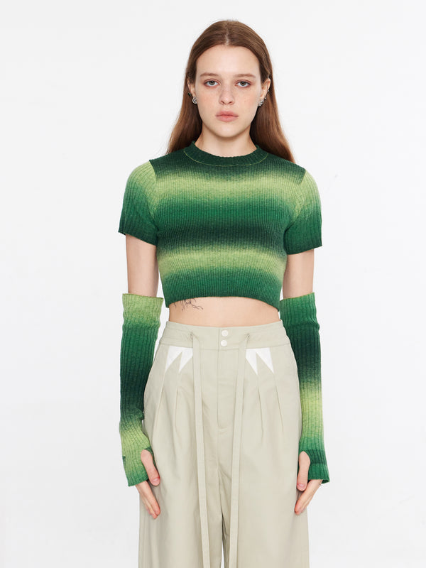 cubic Striped Cropped Knit T-Shirt With Sleeves Green