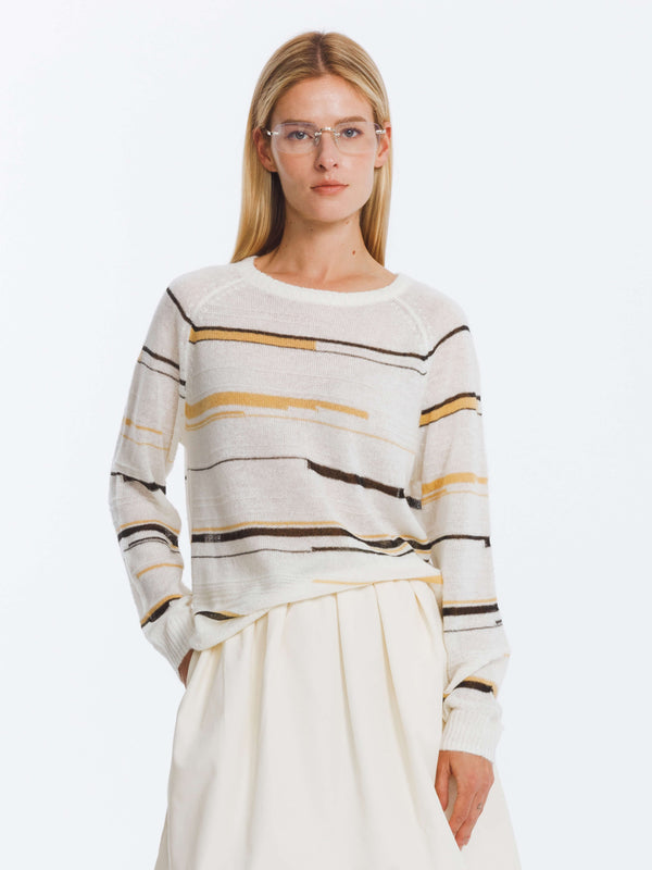 cubic Striped Knit Long Sleeve Top with Wool Blend Snow