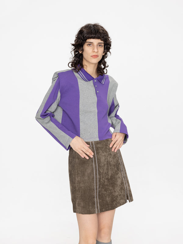 Cubic Striped Polo Top With Oversized Shoulders Purple