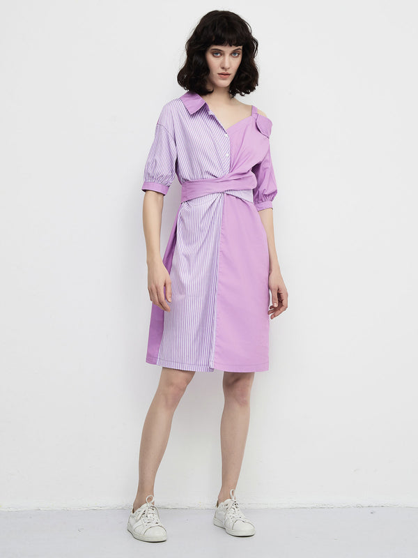 Cubic Stripes And Solid Colour Shirt Dress Lavender