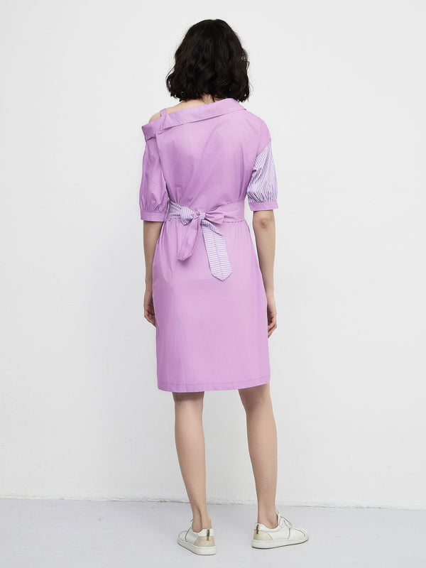 Cubic Stripes And Solid Colour Shirt Dress Lavender
