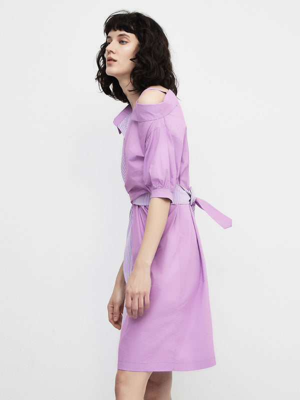 Cubic Stripes And Solid Colour Shirt Dress Lavender