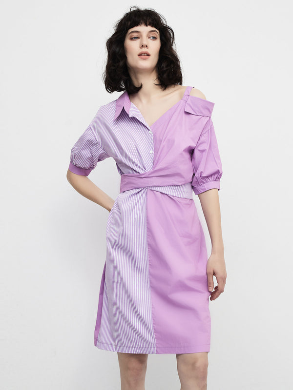 cubic Stripes and Solid Colour Shirt Dress Lavender