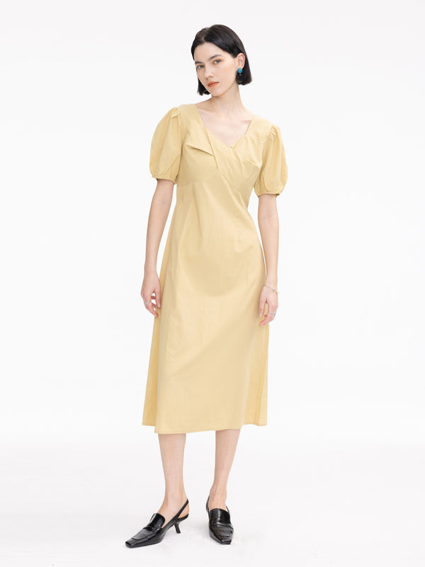 Cubic Sweetheart Neckline Puff Sleeve Midi Dress Mustard