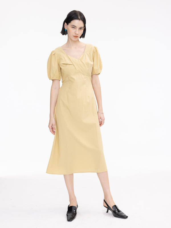 Cubic Sweetheart Neckline Puff Sleeve Midi Dress Mustard