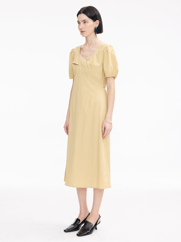 Cubic Sweetheart Neckline Puff Sleeve Midi Dress Mustard