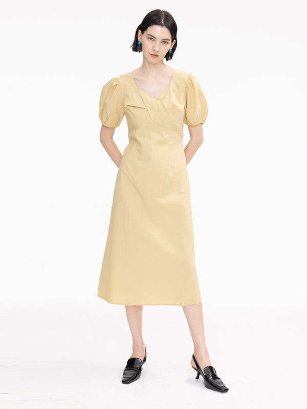 cubic Sweetheart Neckline Puff Sleeve Midi Dress Mustard
