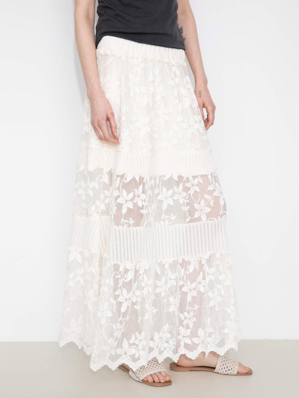 Cubic Textured Floral Print Lace Panel Skirt FloralWhite