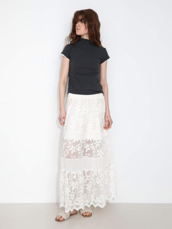 Cubic Textured Floral Print Lace Panel Skirt FloralWhite