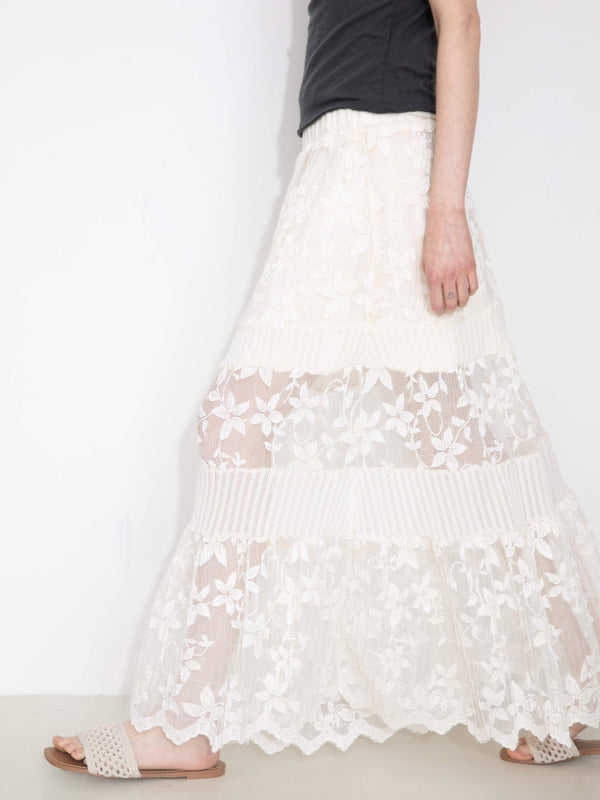 Cubic Textured Floral Print Lace Panel Skirt FloralWhite