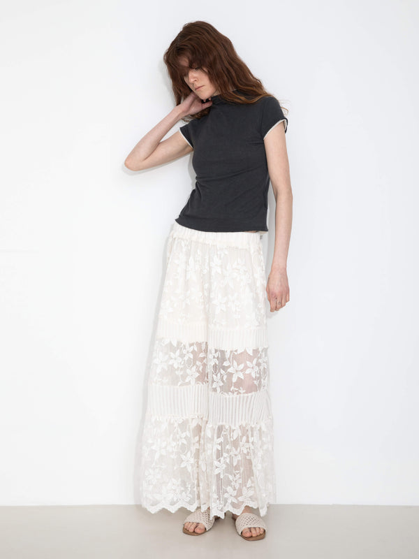 cubic Textured Floral Print Lace Panel Skirt FloralWhite