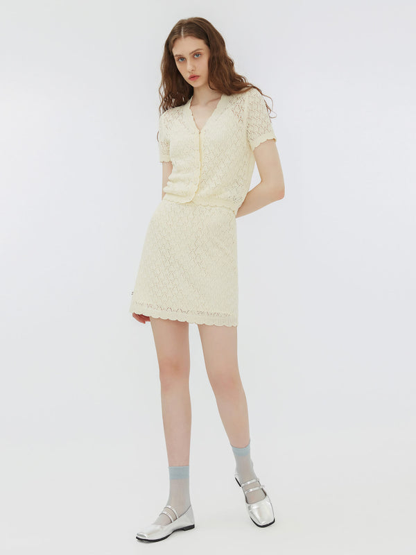 Cubic Thin Lace Knit Cardigan And Mini Skirt Set Lavender