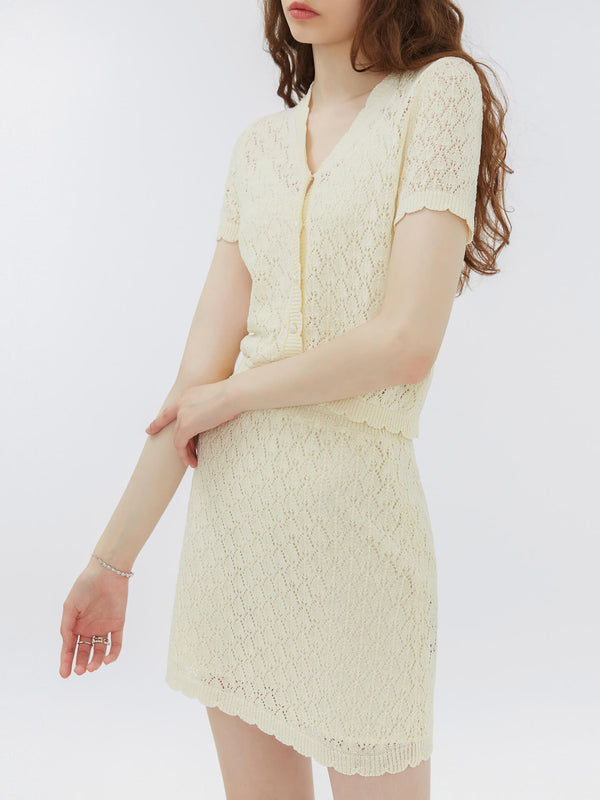 Cubic Thin Lace Knit Cardigan And Mini Skirt Set Lavender