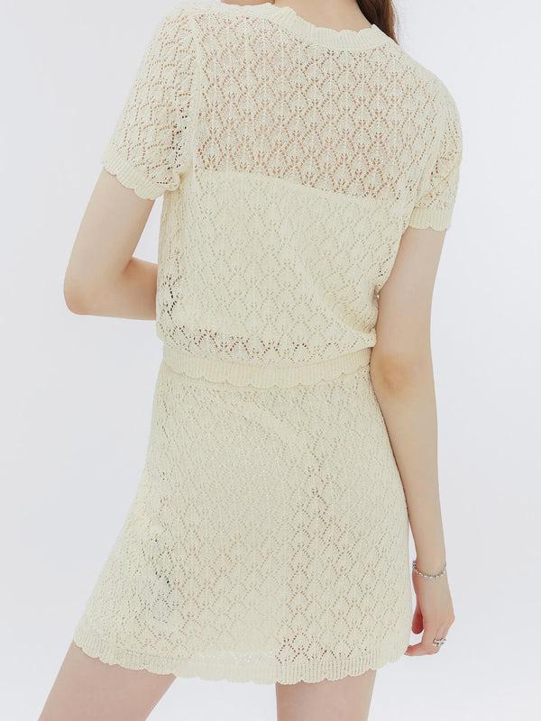 Cubic Thin Lace Knit Cardigan And Mini Skirt Set Lavender